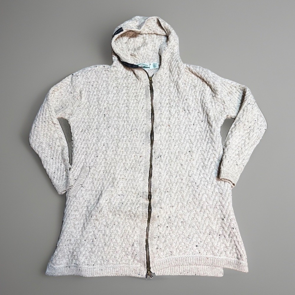 Aran Crafts Merino Wool XL Zip Hood Cardigan Sweater Oatmeal Fleck Ireland Coat